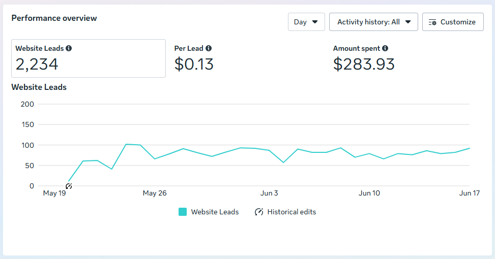 Ads performance overview with 2,234 website leads